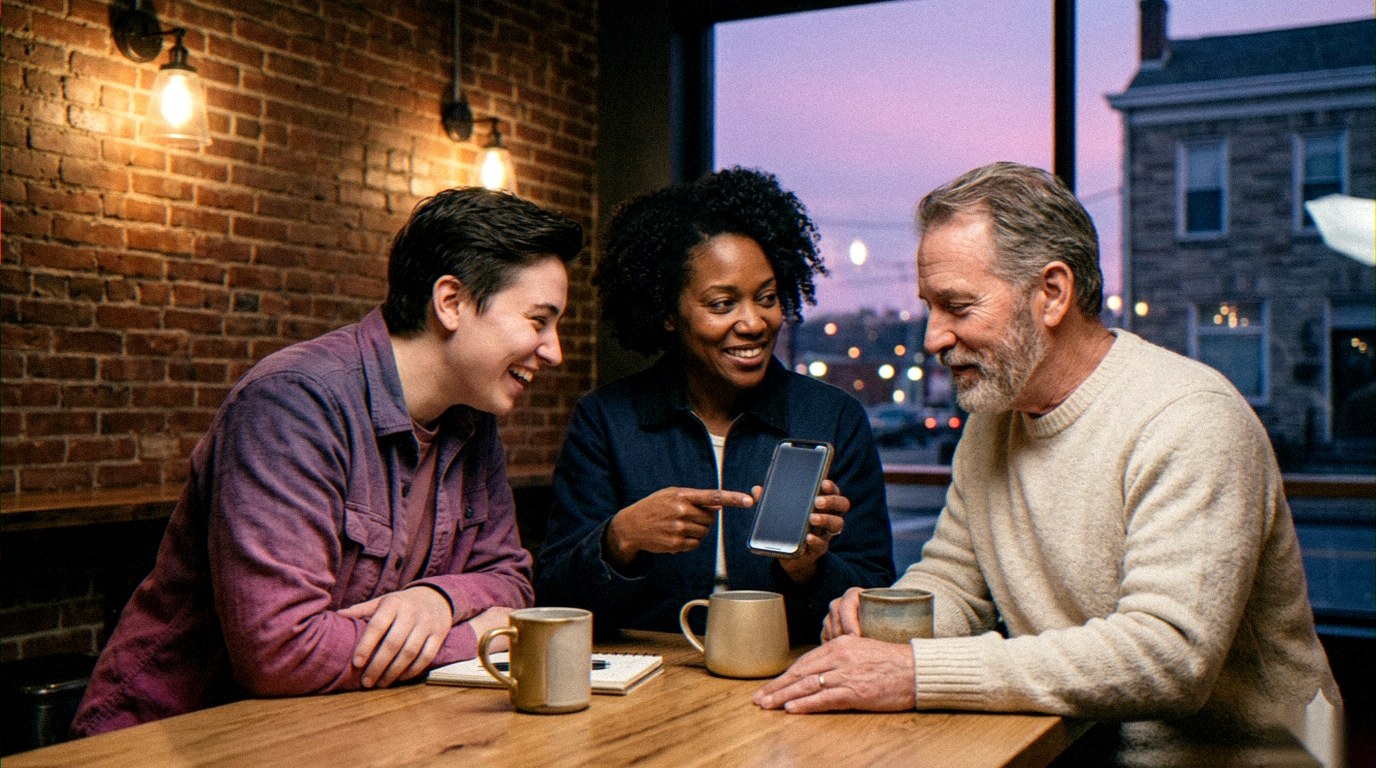 Three friends gathered around a phone glowing with future-bright light at a brick-walled Pittsburgh cafe.