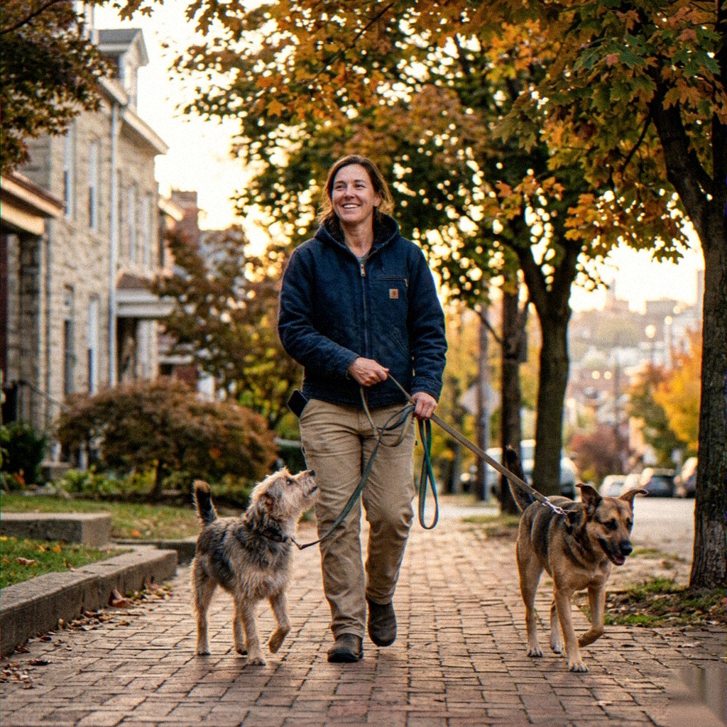Dog walker leading a friendly dog down an autumn Pittsburgh street.