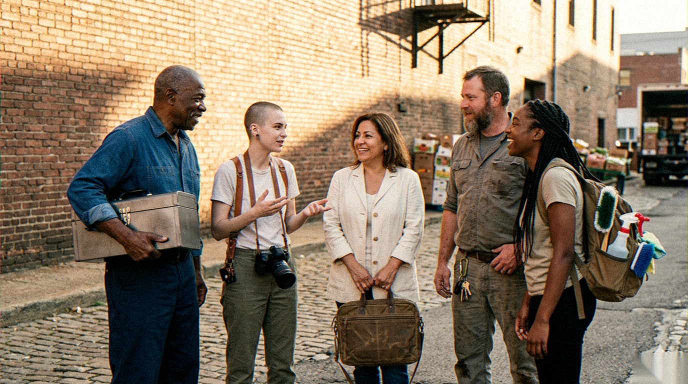 Pittsburgh freelancers meeting up outside a Strip District storefront.