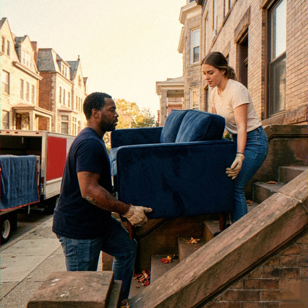 Two movers carefully carrying a sofa out of a Pittsburgh row house.