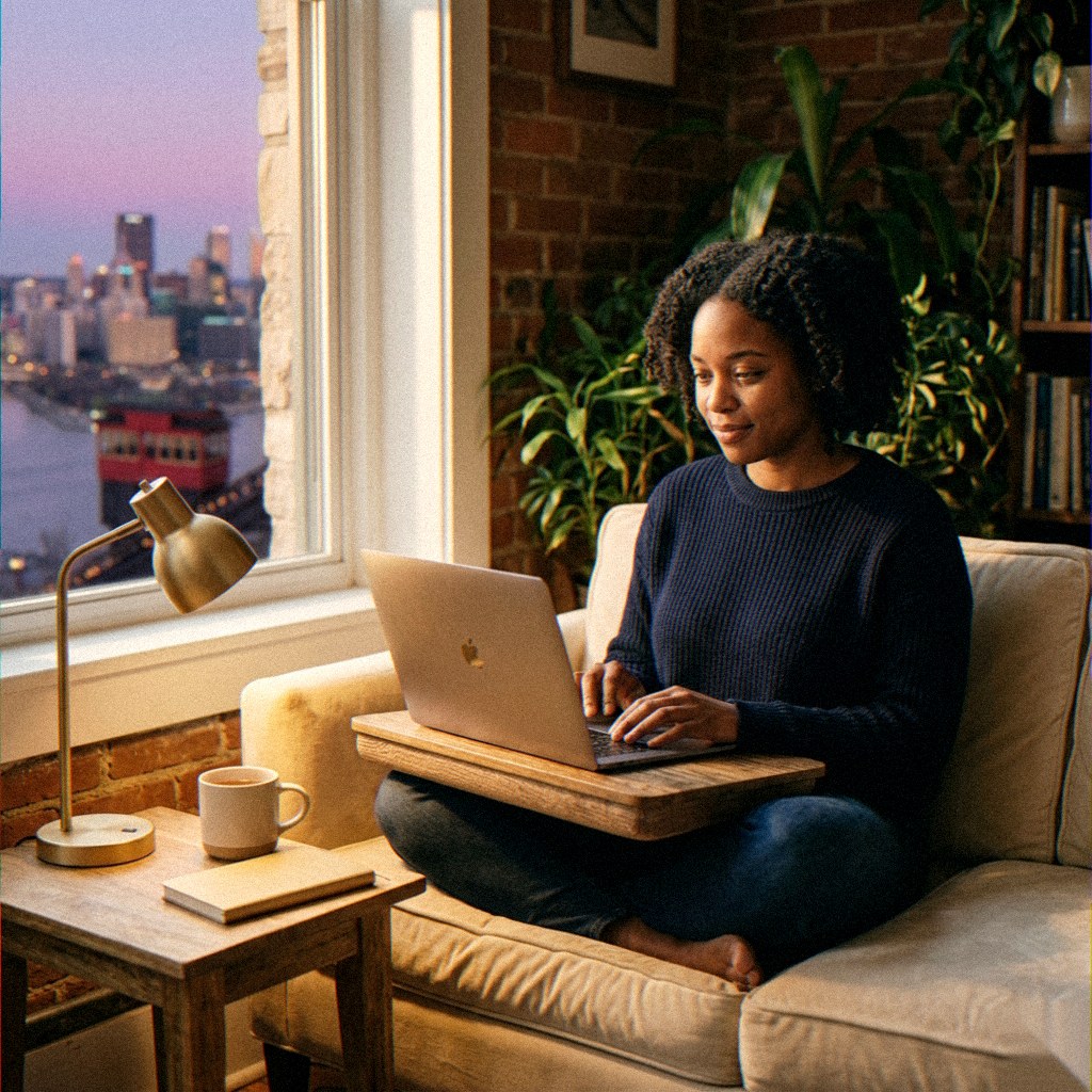 Freelancer working from a Pittsburgh apartment window with city skyline behind the laptop.