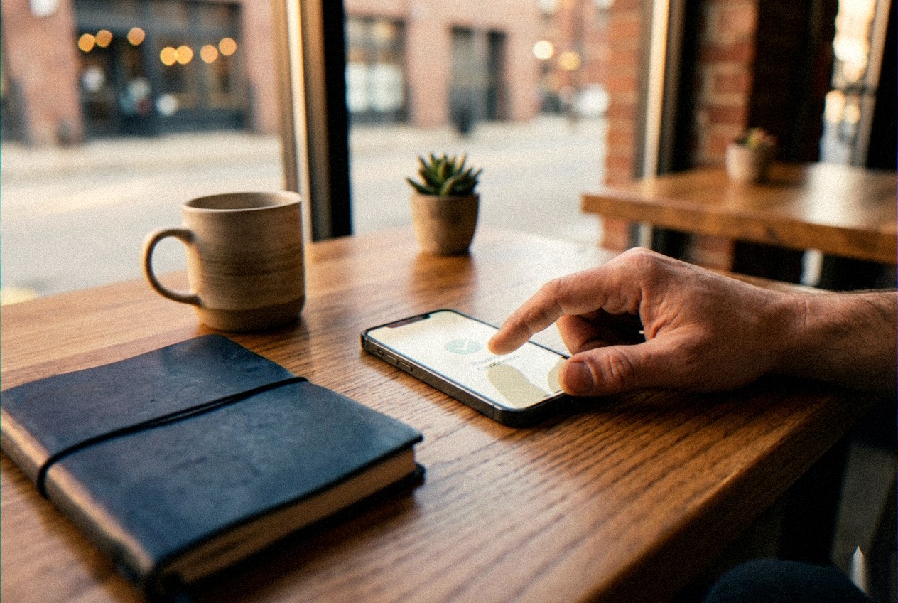 Phone-to-phone tap payment between a client and freelancer at a Pittsburgh cafe.